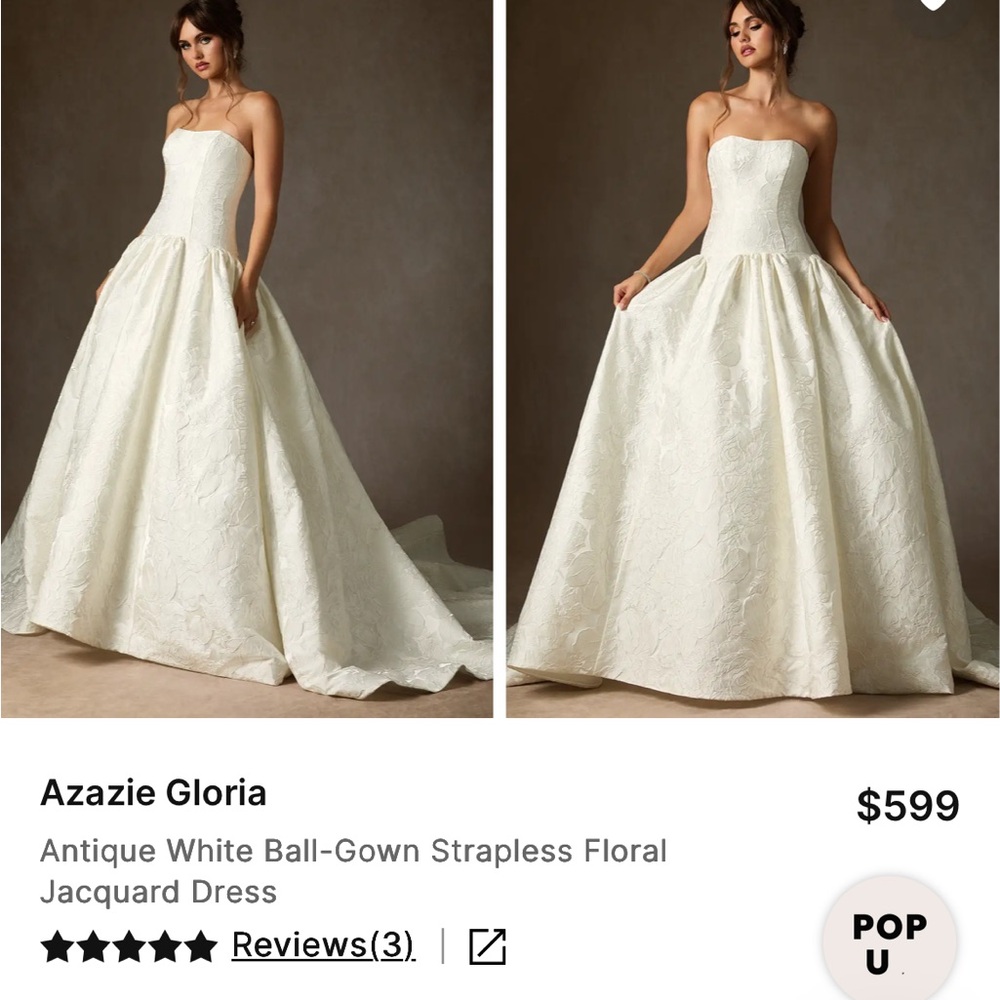 Azazie Antique White Strapless Ball Gown Floral Jacquard Wedding Dress